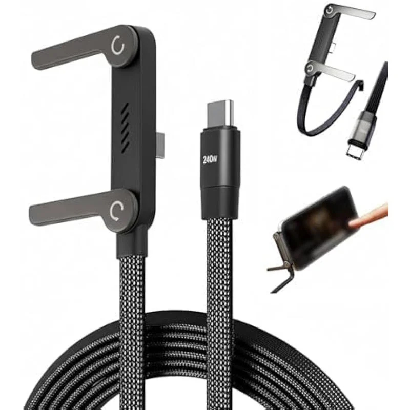240W USB-C Fast Charger Cable with Foldable Phone Stand (Gamer Essential 2026)