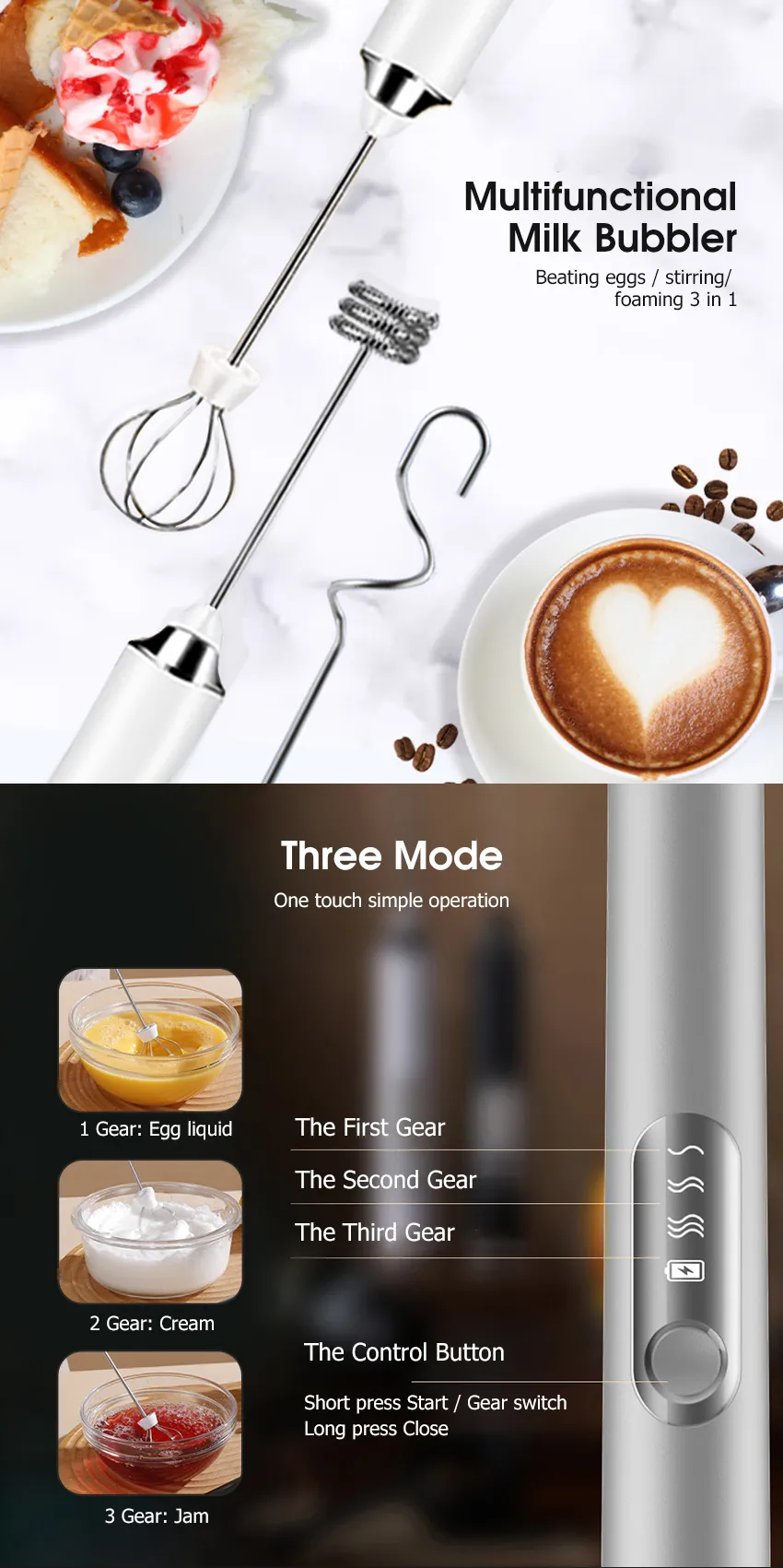 3-in-1 Rechargeable Electric Milk Coffee Frother Handheld Stainless Steel Whisk Egg Beater Foam Mixer thumbnail 4