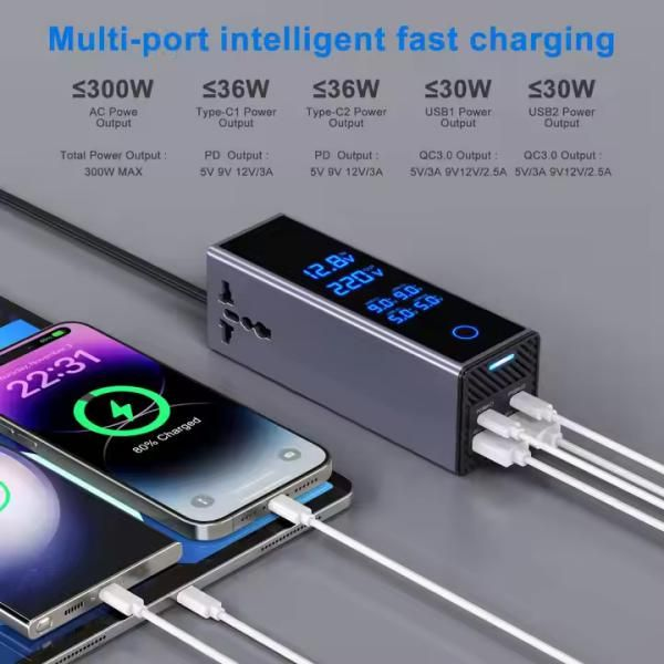 300W DC-AC Inverter 220V to 12V Car Charger Adapter with LCD Display thumbnail 3