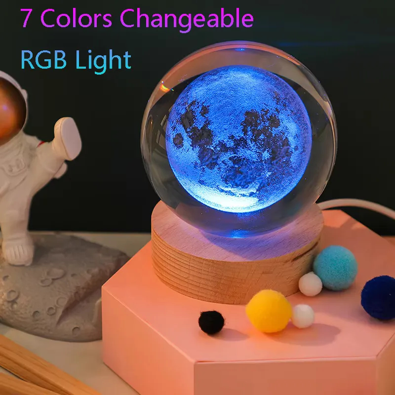 3D Crystal Lights Lamp RGB Glowing Moon Night Light Crystal Ball Bedside Home Decor thumbnail 2