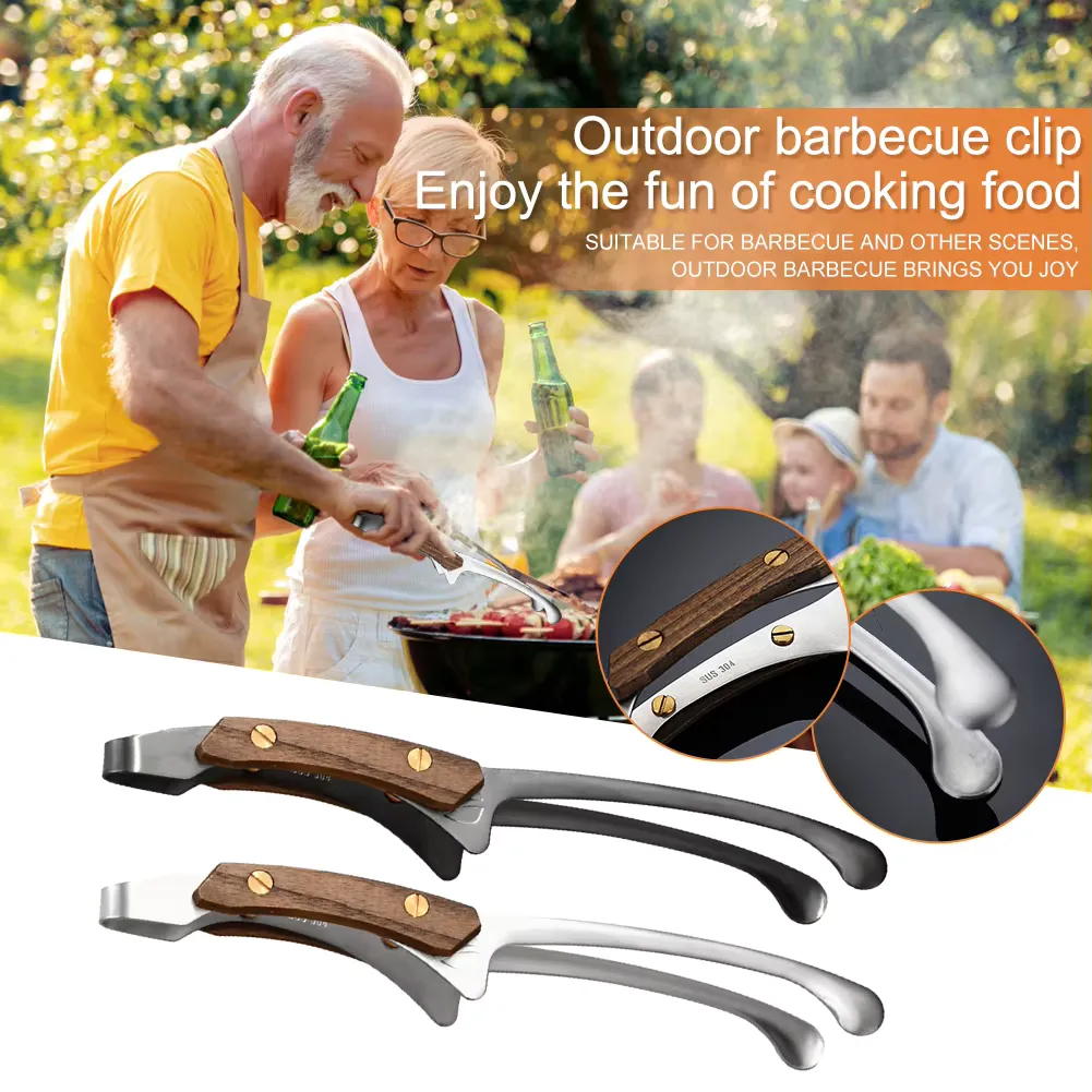 304 Stainless Steel Grill BBQ Tong Heat Resistant Cooking Tong with Wood Grip thumbnail 6