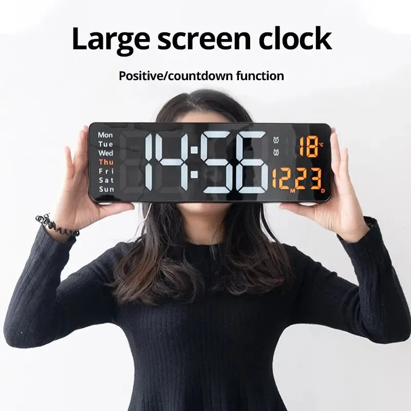 16 Inches Large LED Digital Wall Clock Wall Mounted Remote Control Temperature Date Week Display Timer Dual Alarm Clock