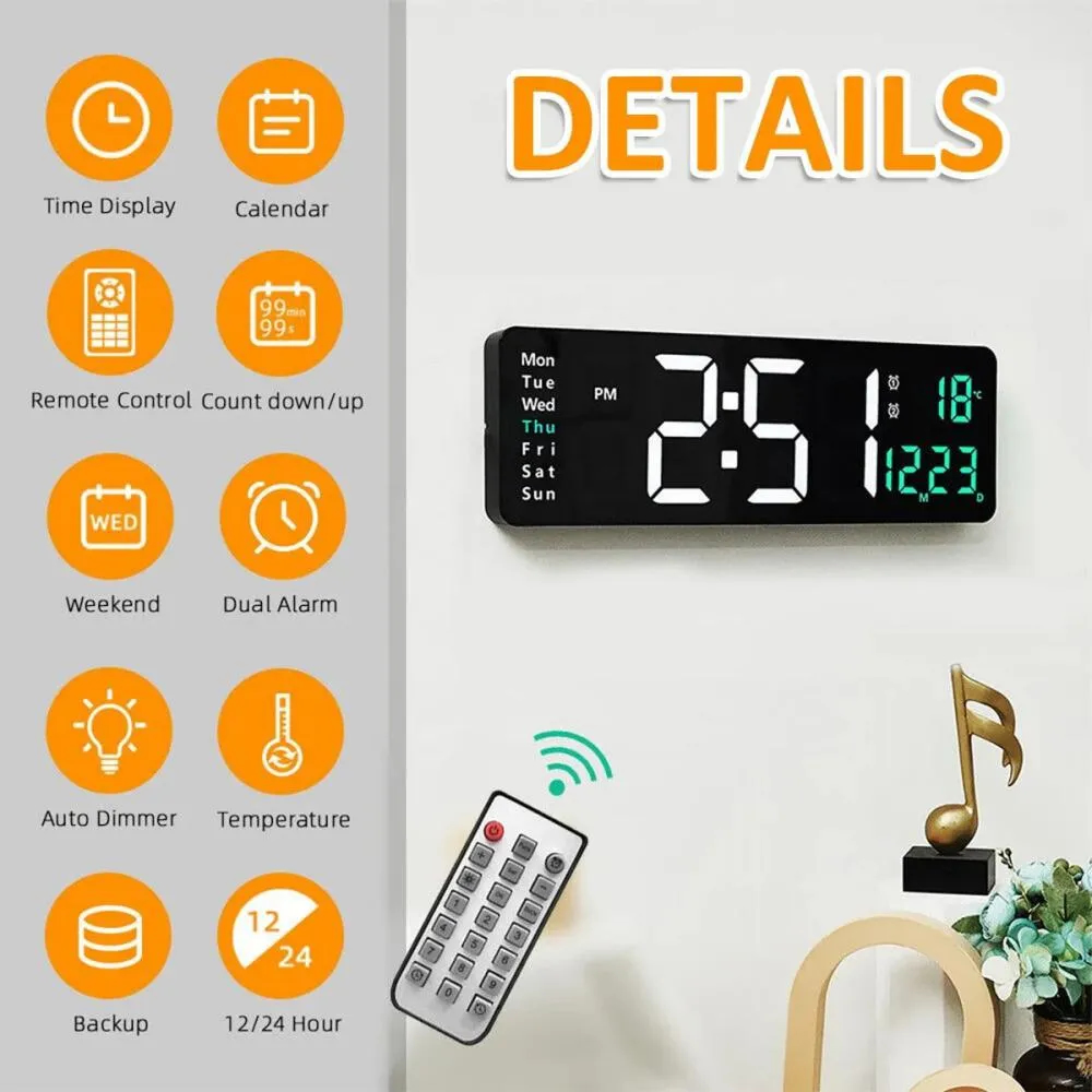 16 Inches Large LED Digital Wall Clock Wall Mounted Remote Control Temperature Date Week Display Timer Dual Alarm Clock thumbnail 8