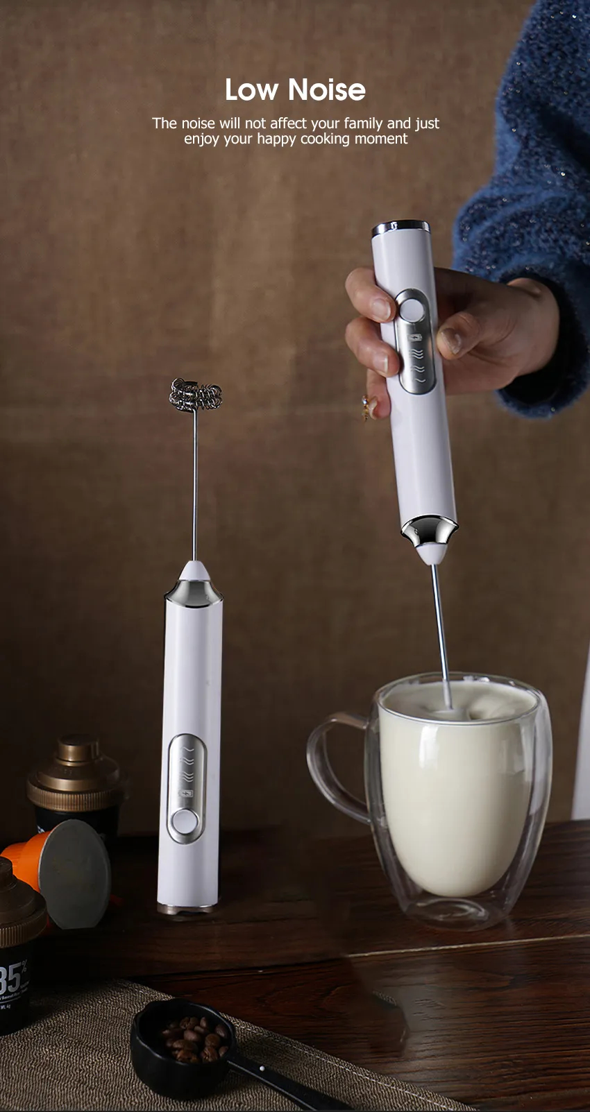 3-in-1 Rechargeable Electric Milk Coffee Frother Handheld Stainless Steel Whisk Egg Beater Foam Mixer thumbnail 5